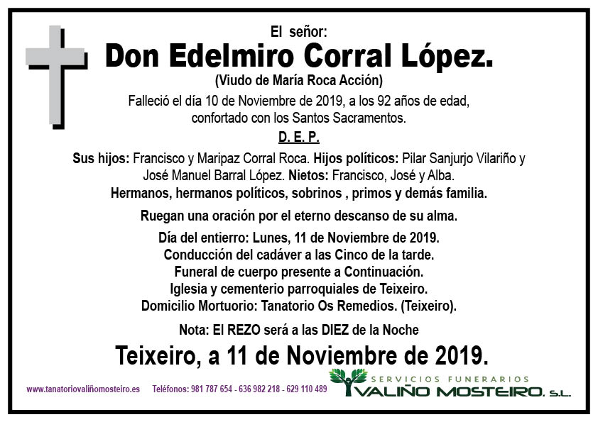 Esquela de Edelmiro Corral López.